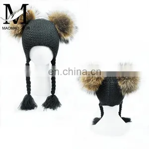 High Quality Fashionable Kids Beanie Hats With Two Fur Pom Poms Baby Fur Hat thumbnail-1