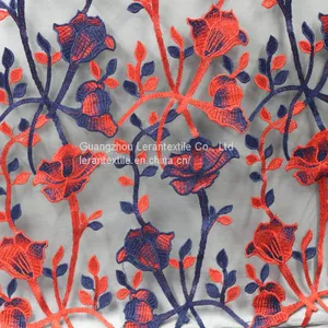 China Manufacture Red and Deep Blue Parch Flower Embroidered Lace Fabric for Dress thumbnail-1