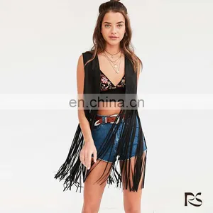 2016 New Design Fashion Woman Leather Chella Fringe Vests for Women, Black Color thumbnail-1