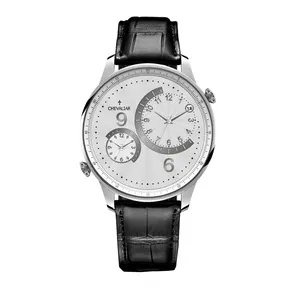 Stainless Steel Case Man Watches Genuine Leather Dual Time Quartz Watch thumbnail-2