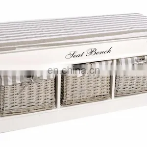 Three BASKET White Wooden Seat BENCH Useful Compartment Storage Organiser Fabric thumbnail-3