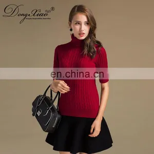 2024 Classic Cable Knit Women's Turtleneck Pullover Half Sleeves Cashmere Sweater Winter 100% Cashmere Solid Pattern Logo Back thumbnail-3