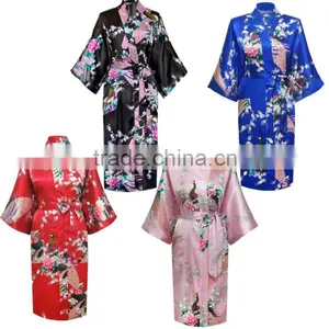 10 Colors Women Peacock Kimono Robe Silk Pajamas Girl Sleepwear Summer Yukata With Belt China Factory Direct Supply Offer OEM thumbnail-1
