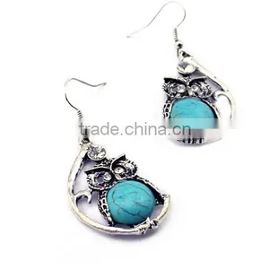 New Arrival Fashion Bohemia Owl Silver Plated Turquoise Pendant Alloy Earrings thumbnail-3