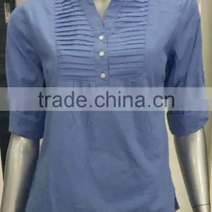 Ladies Button Down Shirts With Pintuck on Chest and Fold up Sleeve thumbnail-3