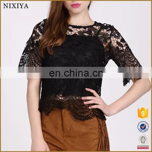 2016 Black Lace Ladies Fashion Tops And Blouses For Women thumbnail-1