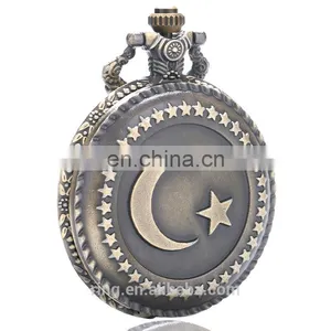 Vintage Fashion Ladies Stars Moon Flip Pocket Watch Necklace Chain Watch thumbnail-1