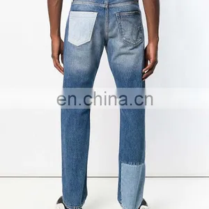 DiZNEW OEM Blue Cotton Straight Leg Patchwork Jeans For Men thumbnail-5