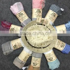 Latest Design Korean Fashion Cotton Linen Striped Fringe Tassel Scarf thumbnail-1