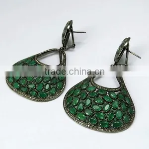 Beautiful Dangler !! Emerald & Diamond 925 Sterling Silver Earring, Dangler SIlver Earring, Exporter and Wholeseller thumbnail-3