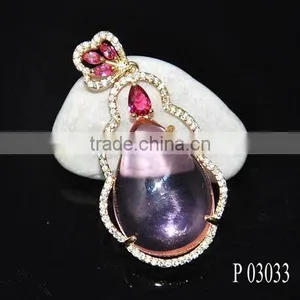 925 Sterling Silver Pendant With CZ Stones Micro Pave Setting Pink Glass Design Sterling thumbnail-2