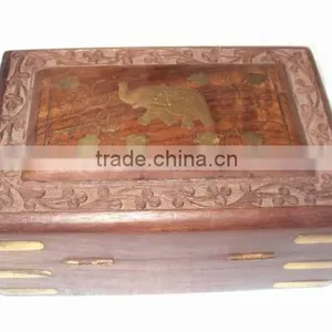 Wood Storage Box, Wooden Carved & Brassinlay Decorative Box, Decorative Storage Box, Wooden Vintagebox thumbnail-1