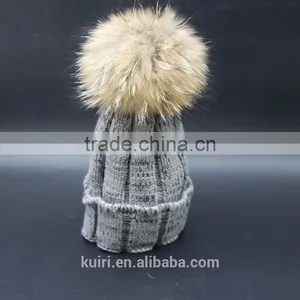 Factory Supply 2016 Thicken Woman Knited Beanie Hat With Large Size 15 cm Raccoon Fur Poms Wool Caps thumbnail-3