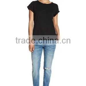 Black Jersey Cuffed Sleeves Custom Tee Shirt Blank thumbnail-1