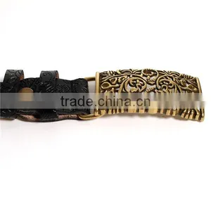 Cowhide Leather Belt Waistband Rectangle Antique Bronze Black Flower Leaves Carved thumbnail-2