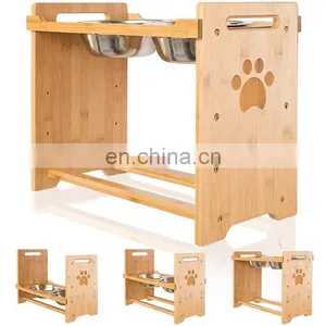 Manufacturer Wholesale Stainless Steel Spaniel for Water Food Blank Salad Bowl for Dog Pets Bamboo Standing Adjustable Feeder thumbnail-2