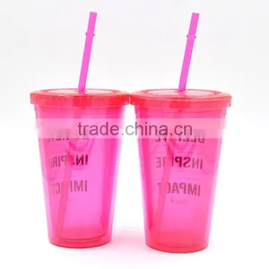 AS Material Double Wall 450ML BPA Free Plastic Cup With Straw - Pink Color thumbnail-5