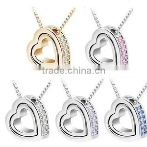 Womens 2016 YIWU IN STOCK Fashion Silver Plated Girlfriend Jewelry Charm Heart Crystal Pendant Chain Necklace Quality Choice thumbnail-2