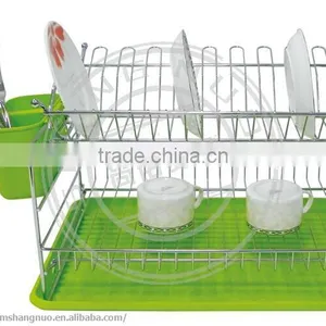2 Tiers Green Dish Rack Dish Drain With Water Saving Tray thumbnail-1
