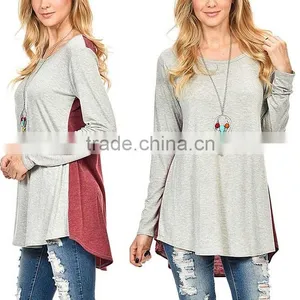 Women Fashion Long Sleeve Heather Gray Charcoal Color Block Hi-Low Tunic Tops Blouses Wholesale thumbnail-1
