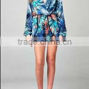2014 Long Loose Sleeve Print Pattern Casual Wrap Ruffle Romper Jumpsuit for American Street Women thumbnail-3