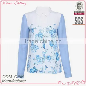 New Design Ladies Fashion Long Sleeves Allover Print Fabric Combination High Quality Direct Manufacture Flower Print Blouses thumbnail-1