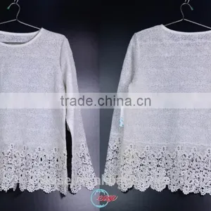 2016 White Cotton Crochet Hem Sweater thumbnail-1