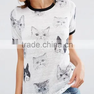 Wholesale China Fashion Design Cheap 100% Polyester t Shirt for Women With Cat Print thumbnail-3