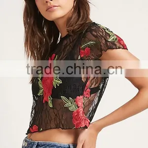 Guangzhou Shandao OEM Service Summer New Design Fashion Short Sleeve Black Lace Embroidered Womens Crop Top thumbnail-3