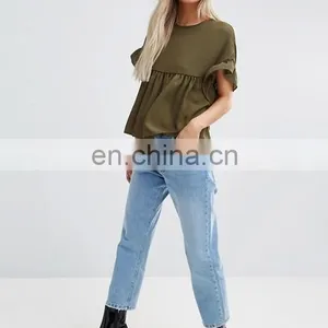 China Product Women Fashion Navy Blue Smock Top With Ruffle Sleeve thumbnail-3