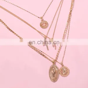Fashion Metal Chain Pendant Necklace for Women Vintage Heart Cross Coin Lock Collar Multilayer Gold Necklace Choker Jewelry/ thumbnail-4