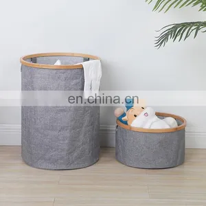 Portable Fabric Laundry Storage Basket Round Foldable Large Bamboo Dirty Clothes Organizer Baskets thumbnail-2