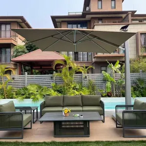 Outdoor Patio Set With Cantilever Umbrella / Motorized Pergola, Weatherproof Wicker & Aluminum Sofa Set for Garden & Poolside thumbnail-1