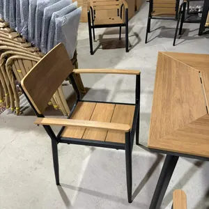 Wood-Plastic Composite Outdoor Dining Set With Central Hole Table, Stackable Metal Frame Armchairs & Large Octagonal Patio Umbrella for Cafe thumbnail-5