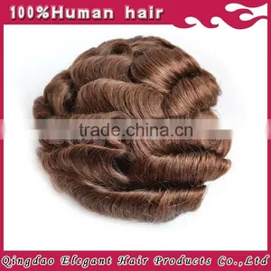 Brown Curly Remy Hair Super Invisible Thin Skin V-loops Hair Replacement System for Men thumbnail-1