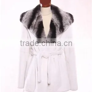Rex14059 Short White Rex Rabbit Fur Coat Chinchilla Hood thumbnail-1