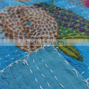 Tropical Handmade Kantha Quilt,Handstiched Kantha Bedspread,Full Double Size Kantha Bedcover,Indian Kanthawork thumbnail-1