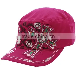 Hot Pink Rhinestone Studded Cross Cadet Style Western Cowgirl Caps thumbnail-1