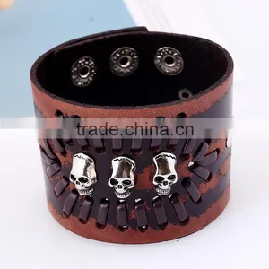 Fashion Wide Cool Rock Men Woman Soft Wrap Genuine Leather Skull Bracelet thumbnail-3