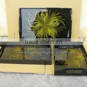 Decorated Lacquer Tray, Shiny Black Color With Fireworks in Gold Color thumbnail-1