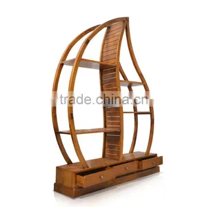 Book Rack Leaf With 3 Drawers Natural Teak Wood Furniture thumbnail-2