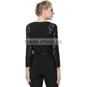 Round Neck Patch Embroidered Lace Long Sleeve High Empire Bell-bottoms Women Jumpsuit thumbnail-3