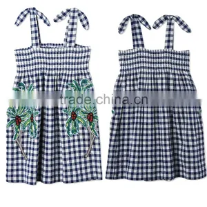 2017 Embroidered Palm Print Design Check Dress Boutique Girl Clothing With Embroidery Patch Childern Frock Model HSD5941 thumbnail-1
