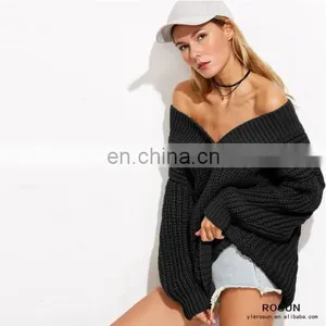 Women Black V Neck Drop Shoulder Chunky Knit Sweater Dress thumbnail-2