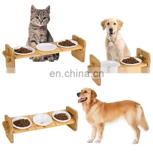 2022 Yellow Promotional Oem Cute Three Bowl for Dog Pet Milk Water Drinking Feeder Cat Paw Print Wood Stand Holder Bracket thumbnail-4