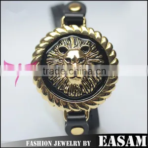 Gold/Black Lion Head Leather Button Bracelet thumbnail-4