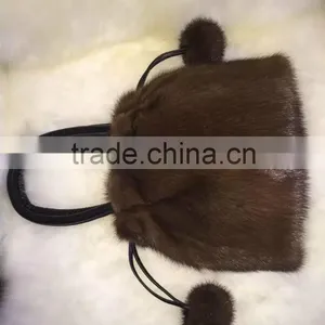 Korea Style Mink Fur Handbag With Mink Fur Pompoms for Ladies thumbnail-3