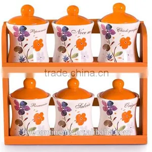 Italy Romantic Ceramic 6pcs Canistes Set With Orange Wood Stand thumbnail-1