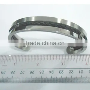 Stainless Steel Bangle With Leather on the Middle thumbnail-2