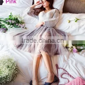 New Fashion Women Girls Mesh Knee Length Multilayer Pleated Casual Solid Sweet Skirt thumbnail-6